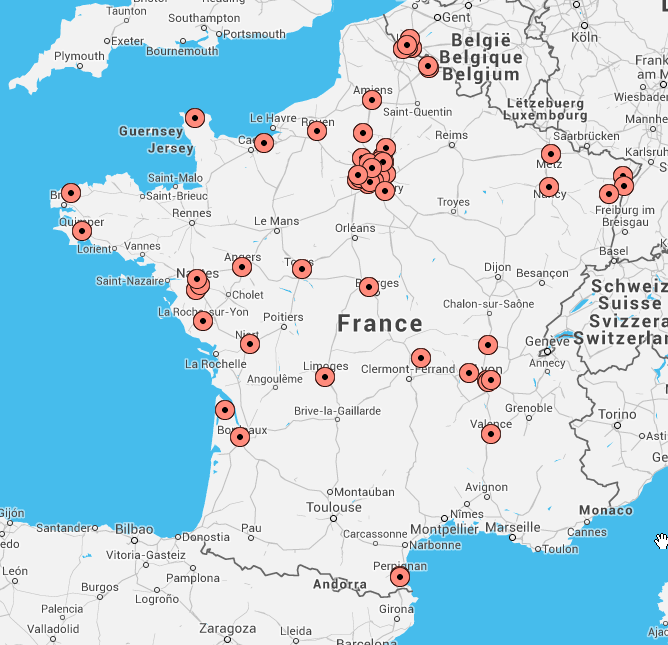 Location of the top 100 VARs for print products in France  Location of the top 100 VARs for print products in France